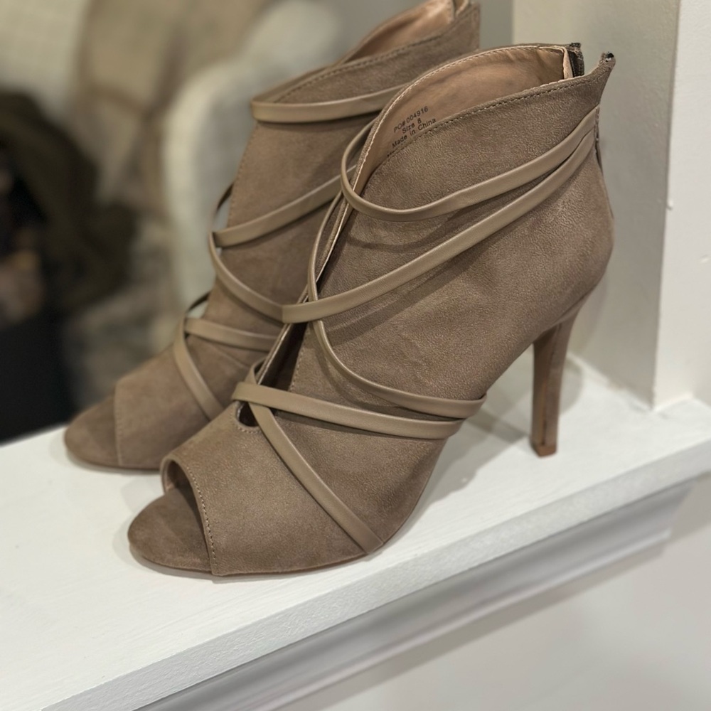 Strappy Taupe Peep-Toe High Heel Booties